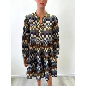 CORD Checkered Tiered Long Sleeve Dress Size Small Multi Color Boho Dobby Cotton